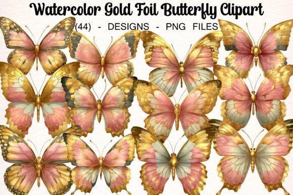 Download Watercolor Gold Foil Butterfly Clipart - Premium Bundle